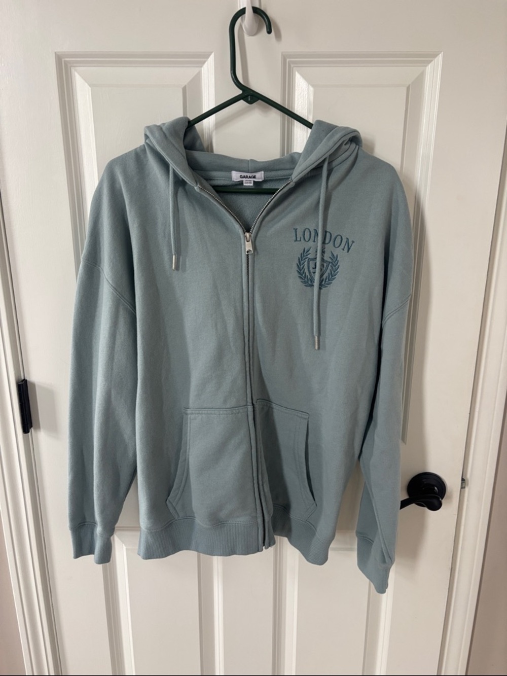 Garage Light Sage Green Zip-Up Hoodie with 'London' Crest